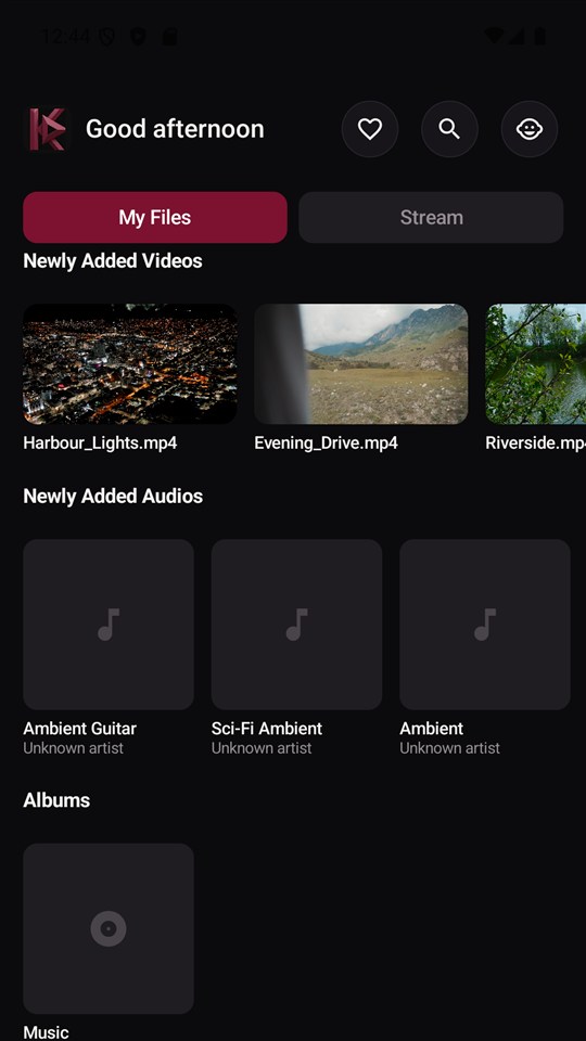 KayCast home screen with My Media and Stream tabs